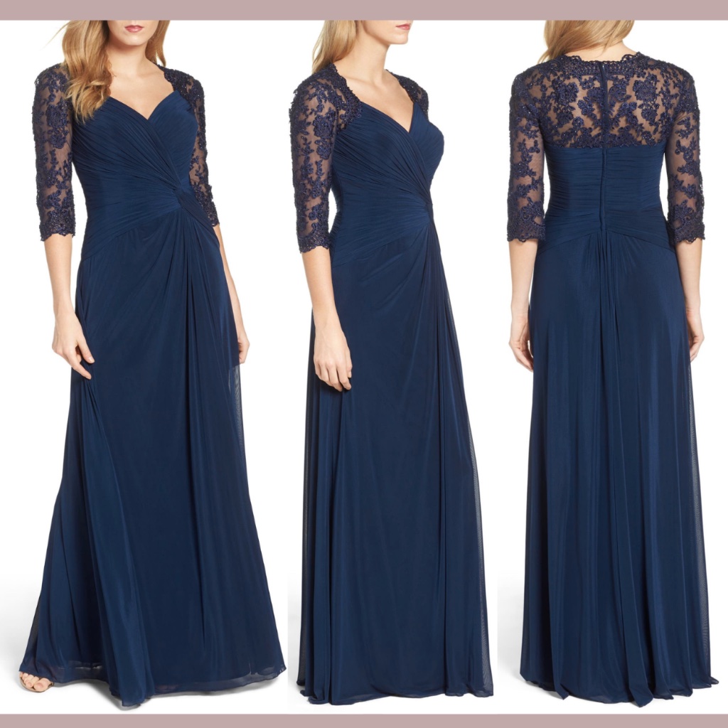 New La Femme [Sz 8 ] Ruched Twisted Lace Sleeve Column Gown In Navy
